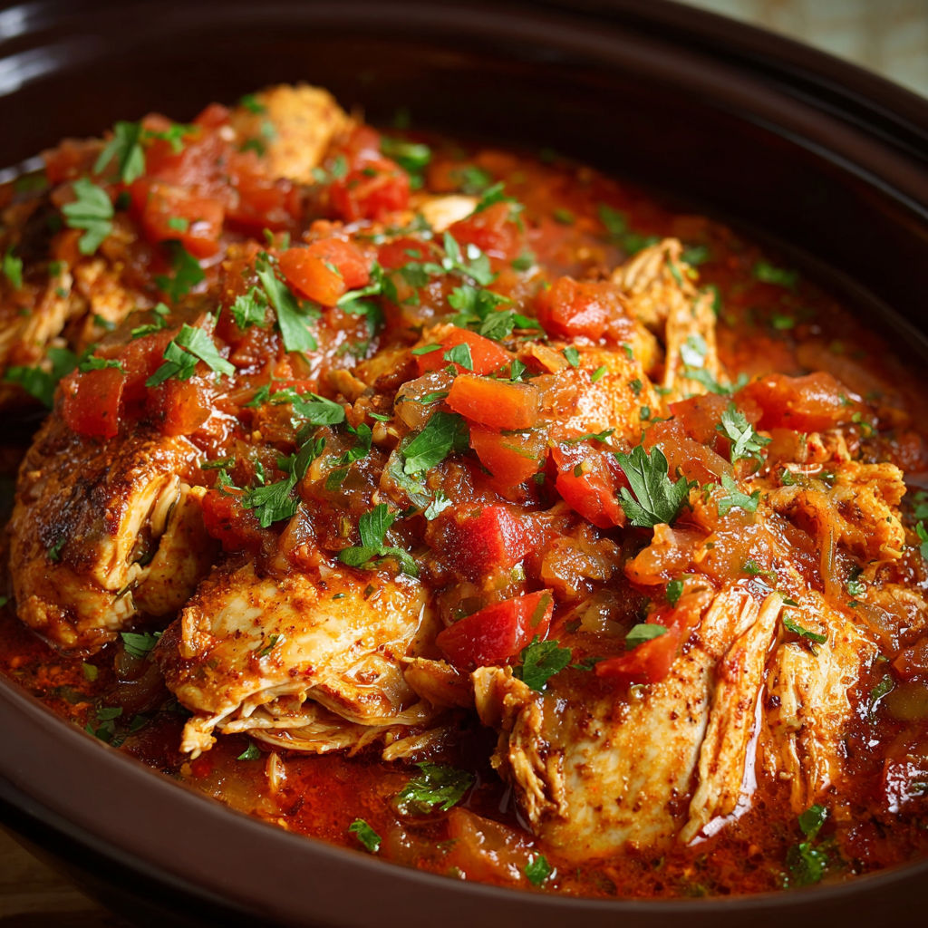 A bowl of chicken with tomatoes and herbs, likely a chicken and tomato stew.