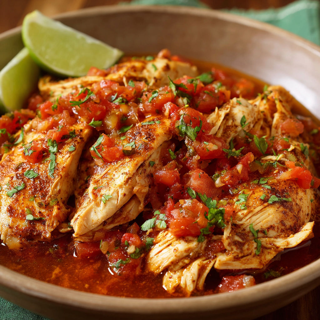 A bowl of chicken and tomatoes with lime wedges on the side.