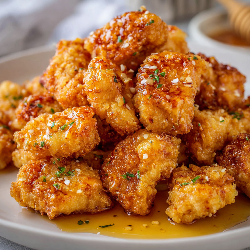A plate of golden, crispy chicken pieces with a drizzle of honey, ready to be enjoyed.