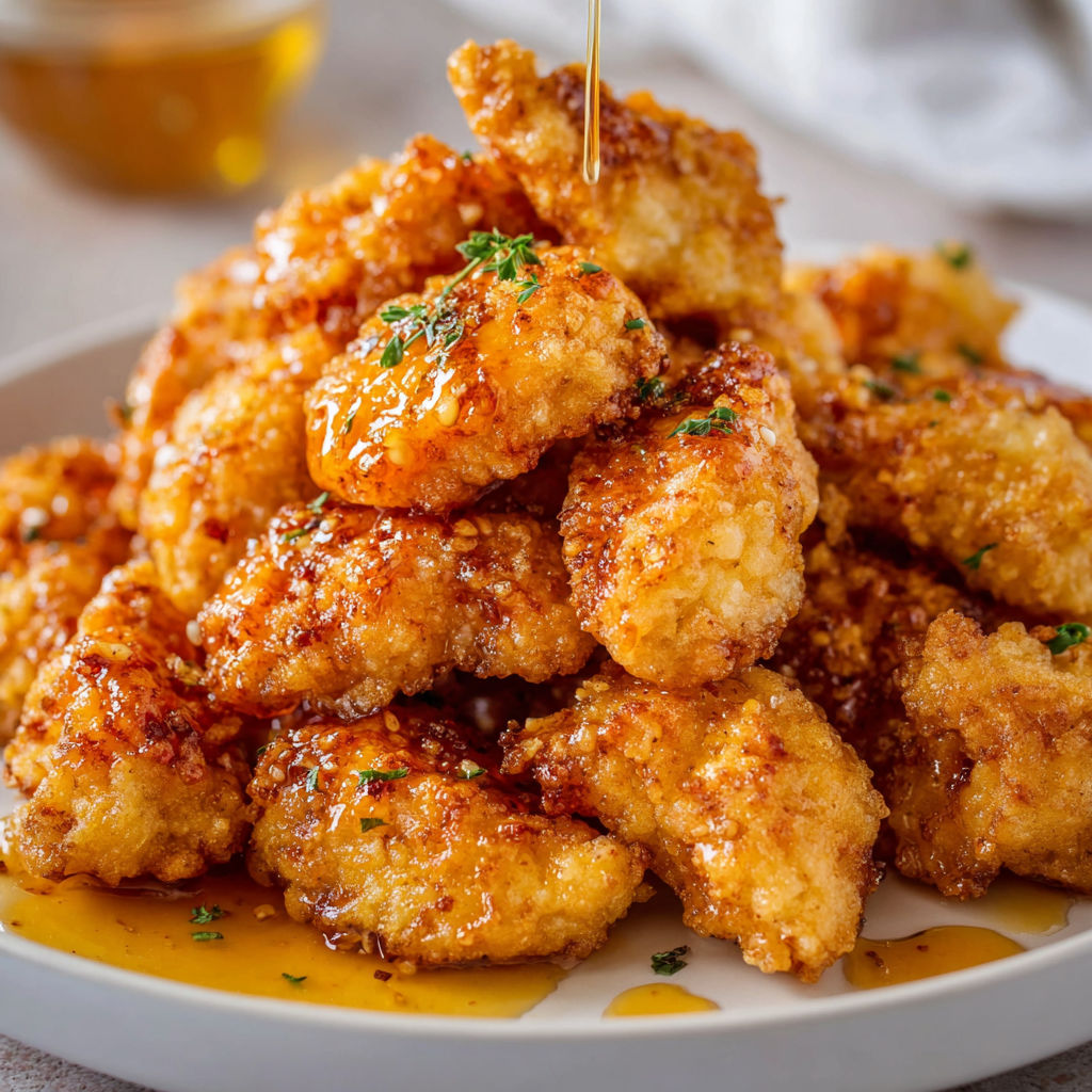 A plate of fried chicken with a drizzle of honey on top.