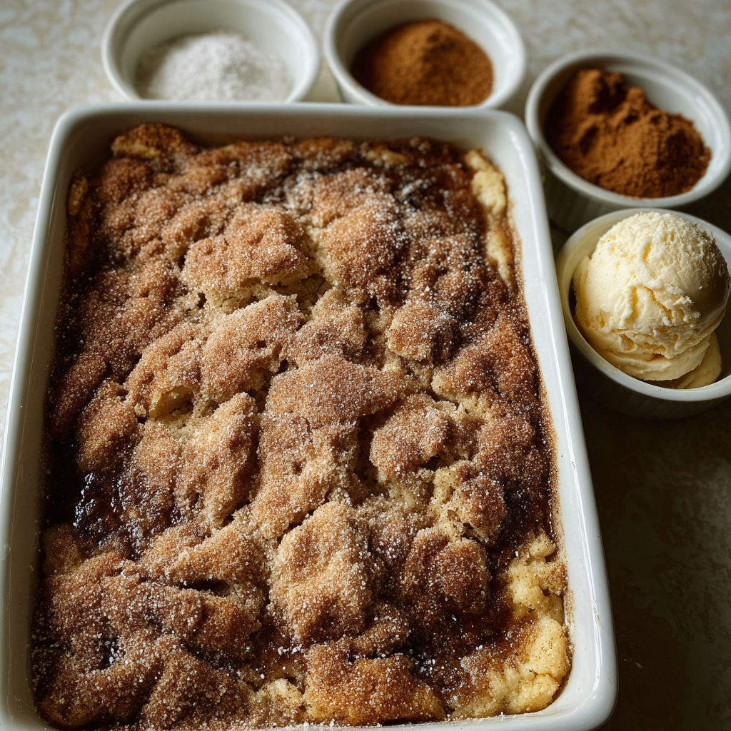 A delicious dessert is ready to be served, featuring a cake with a caramel topping and a scoop of ice cream.