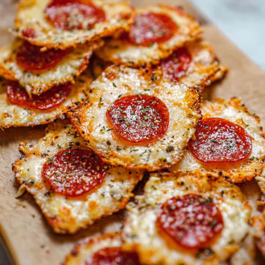 A close-up of a pizza chip with cheese and pepperoni toppings.