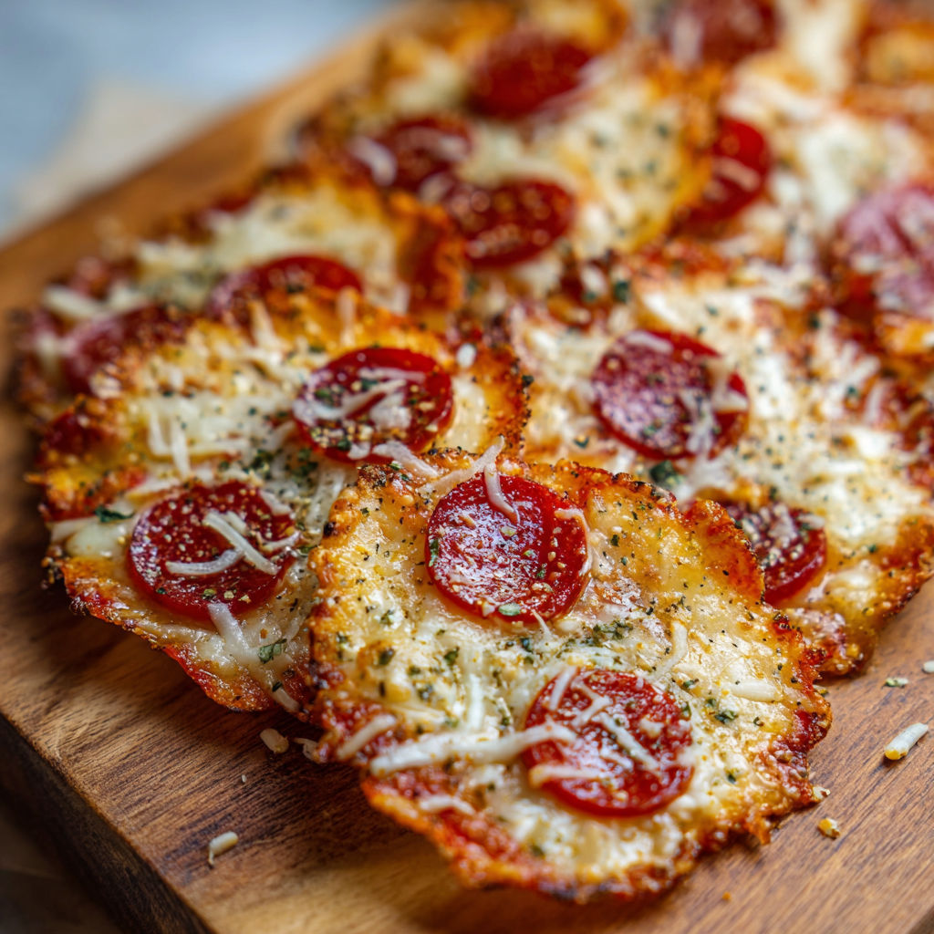 A delicious pizza with pepperoni and cheese on a wooden cutting board.