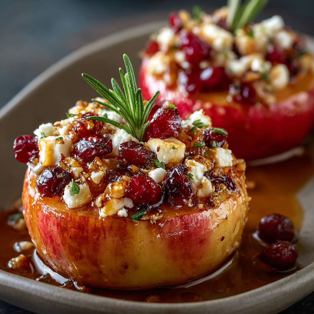 Two baked apples with feta, honey, and cranberries on a plate.
