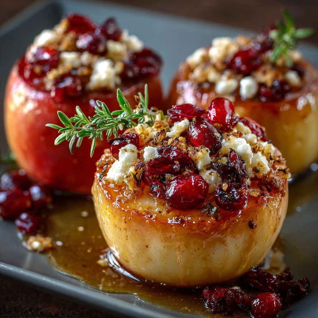 Three baked apples topped with feta cheese, honey, and cranberries.