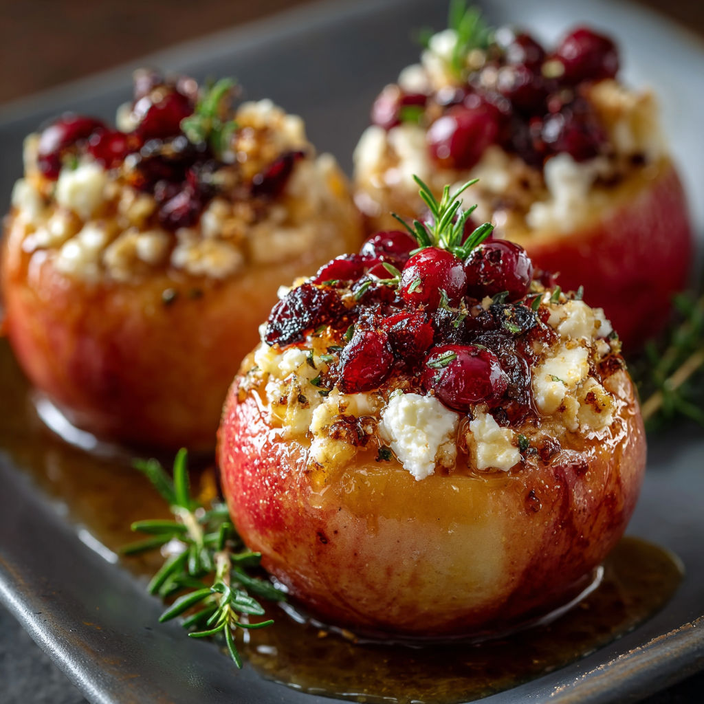 Three baked apples with feta, honey, and cranberries on a plate.