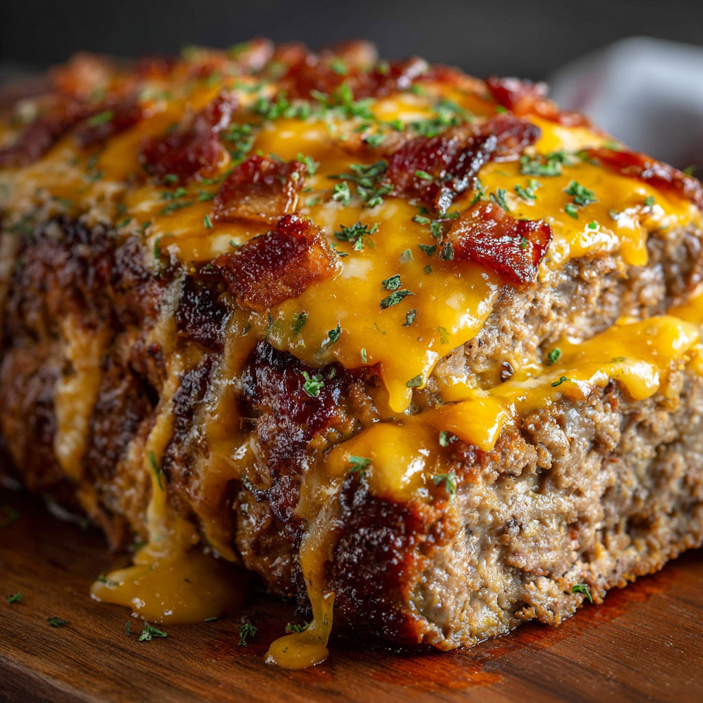 A close-up of a delicious bacon cheeseburger meatloaf recipe.