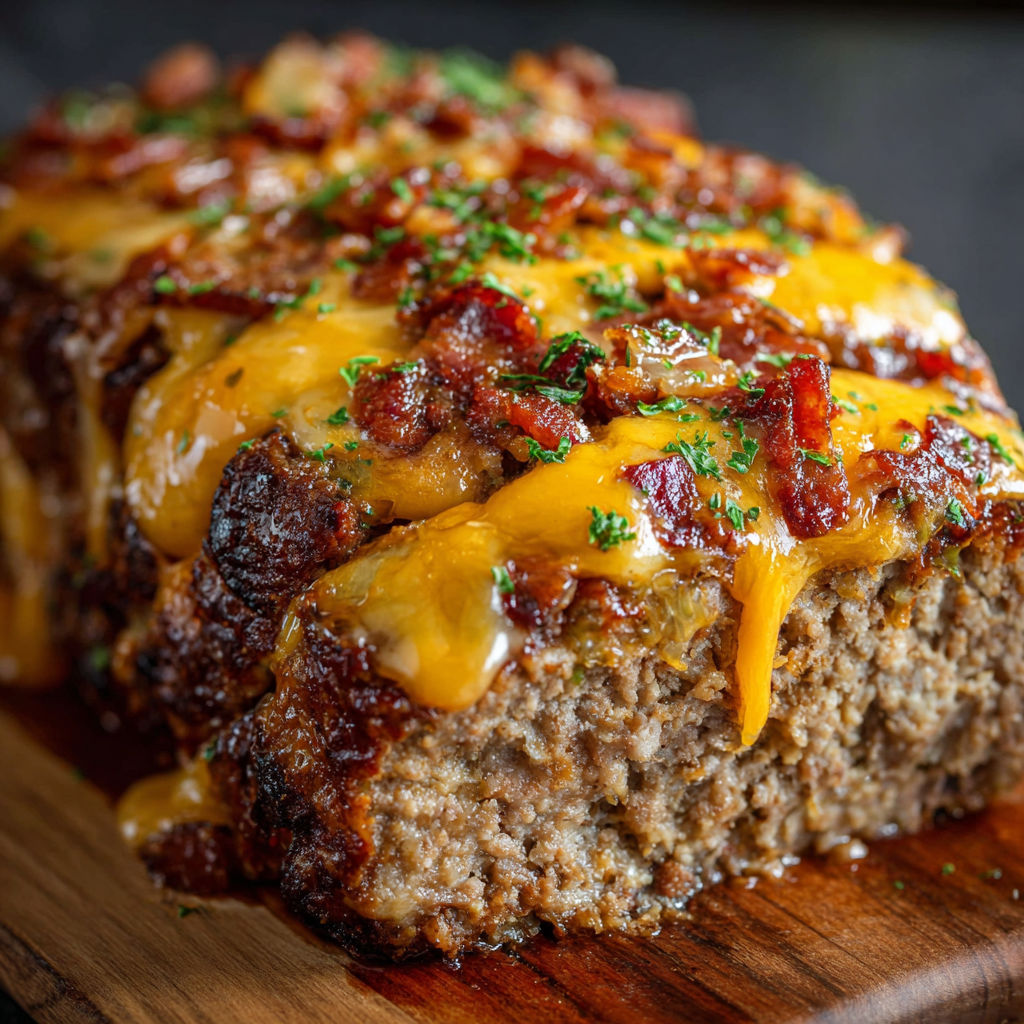 A close up of a delicious bacon cheeseburger meatloaf recipe.
