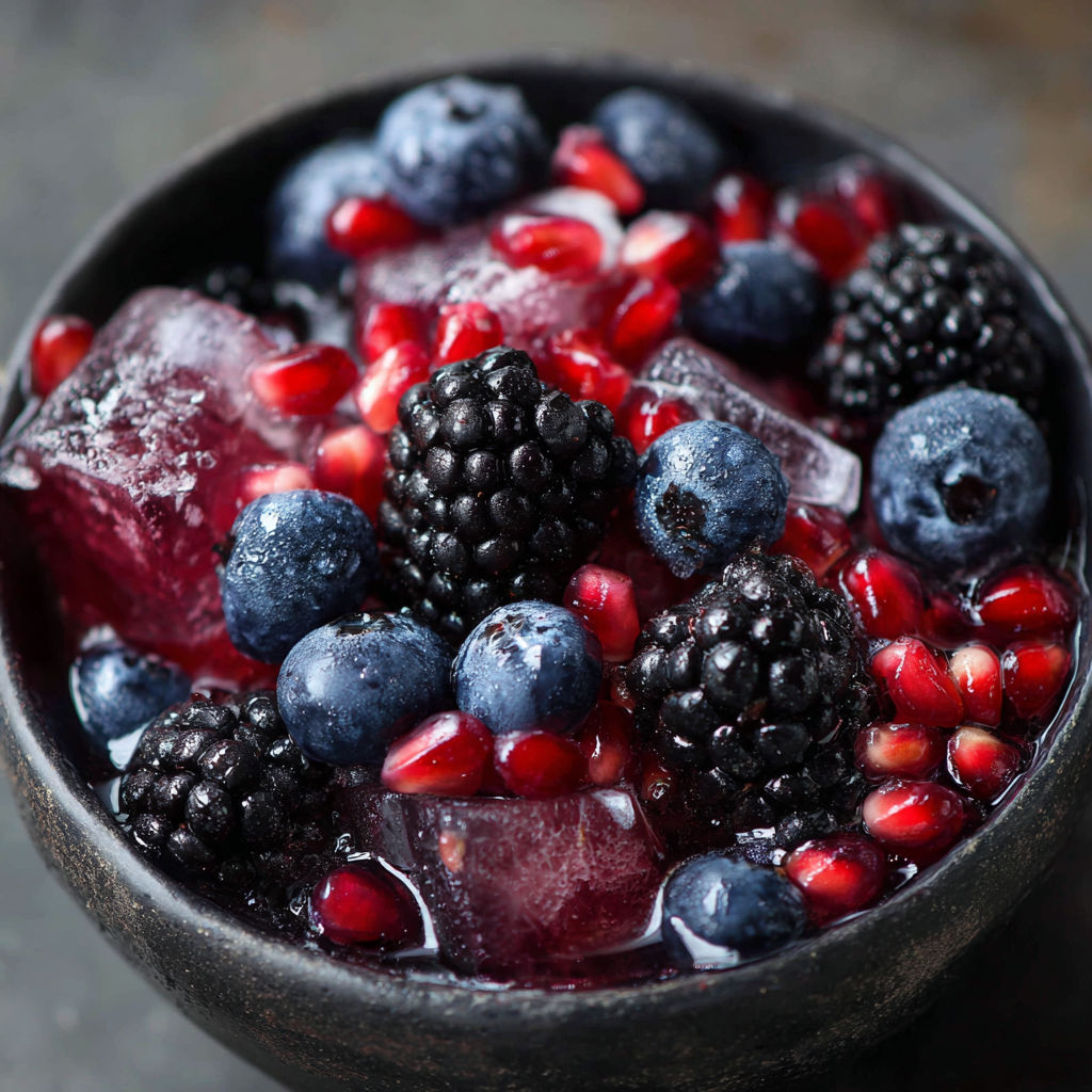 A bowl of berries and ice, with a recipe name of "Fruit Soup.