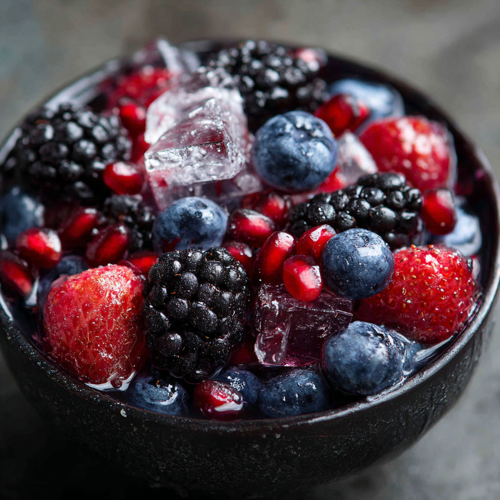 A bowl of berries and ice, possibly a dessert or a refreshing drink.