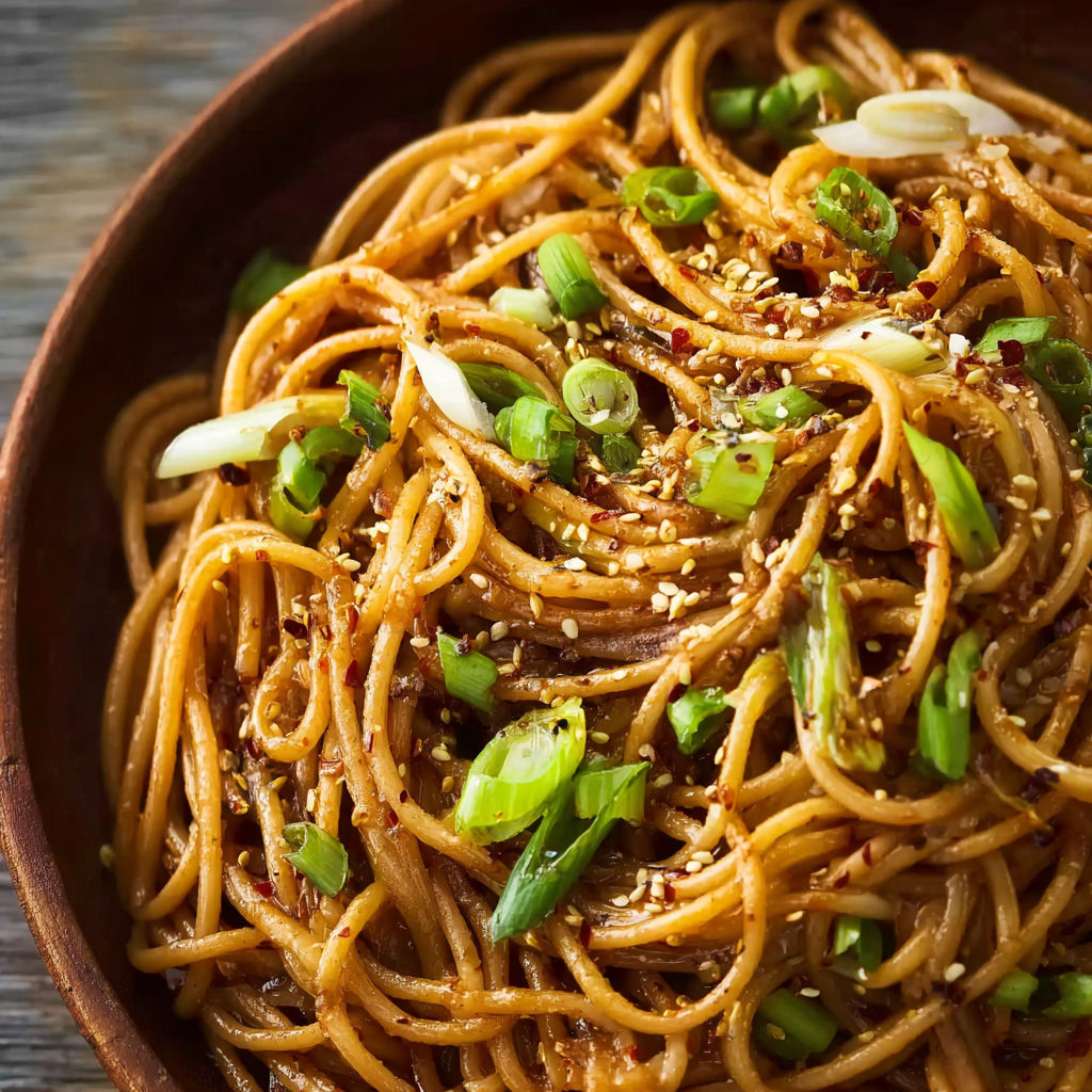 A bowl of noodles with a generous amount of garlic and hoisin sauce, topped with green onions.
