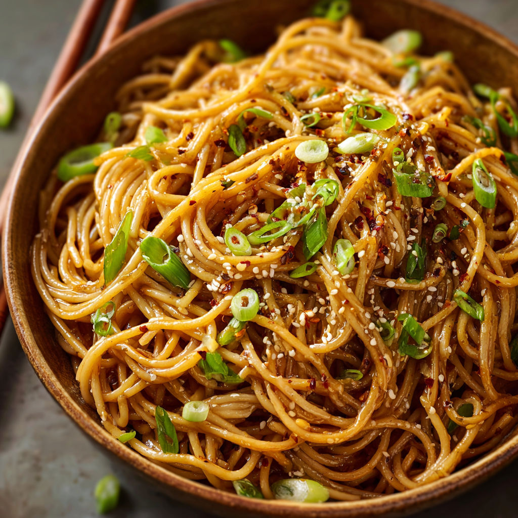 A bowl of noodles with vegetables and spices, possibly a stir fry dish.