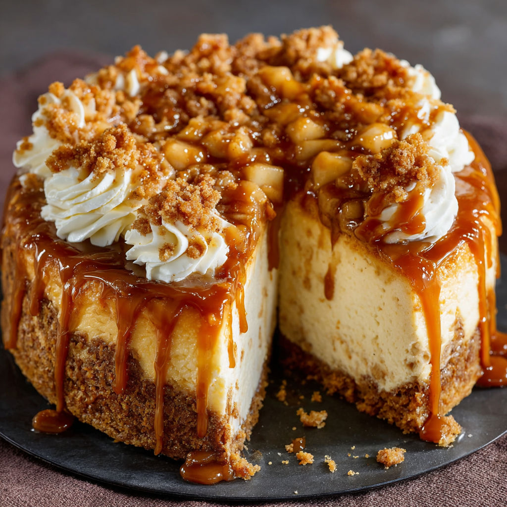 A slice of Apple Crisp Cheesecake is displayed on a plate.