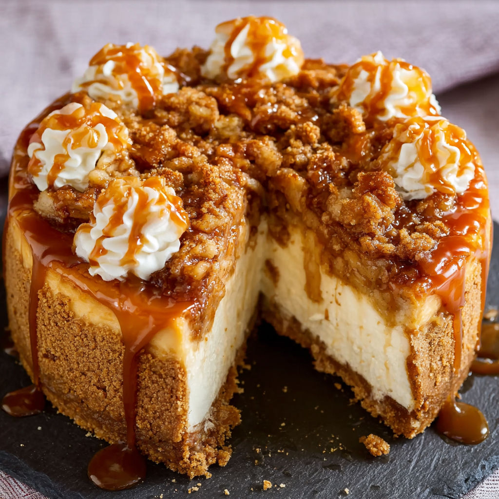 A slice of caramel cheesecake with a drizzle of caramel sauce on top.