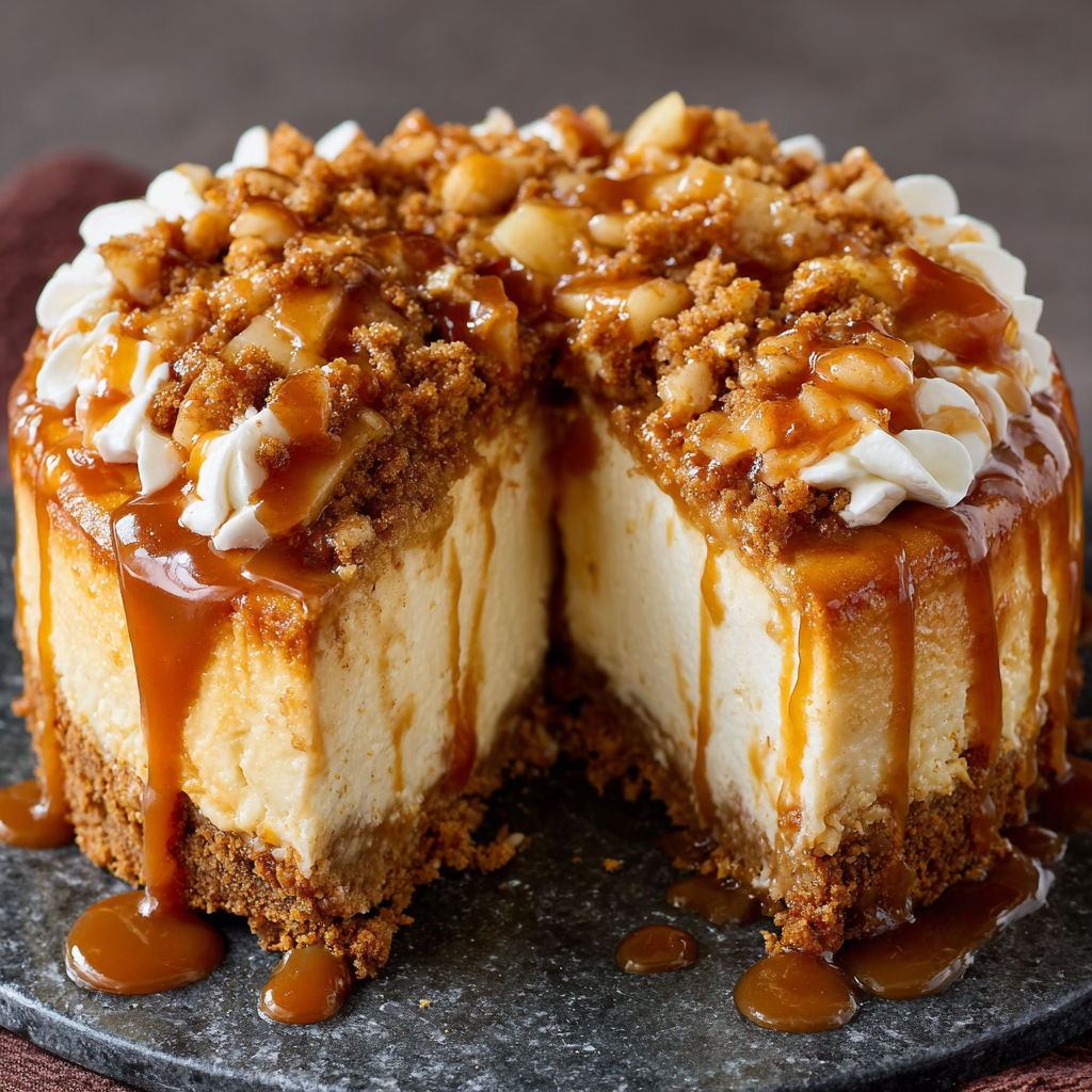 A slice of caramel cheesecake with toasted walnuts on a black plate.