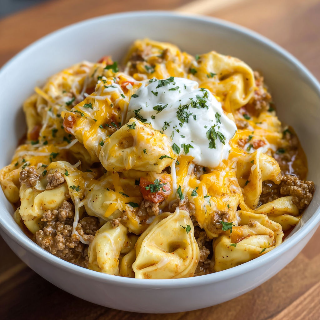 A bowl of Cheesy Taco Tortellini, filled with pasta, meat, and cheese, sits on a wooden table.