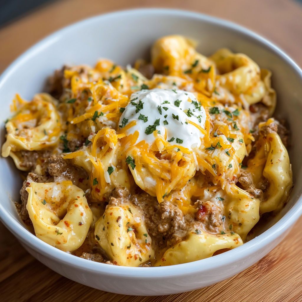 A bowl of pasta with meat and cheese, topped with a dollop of sour cream.
