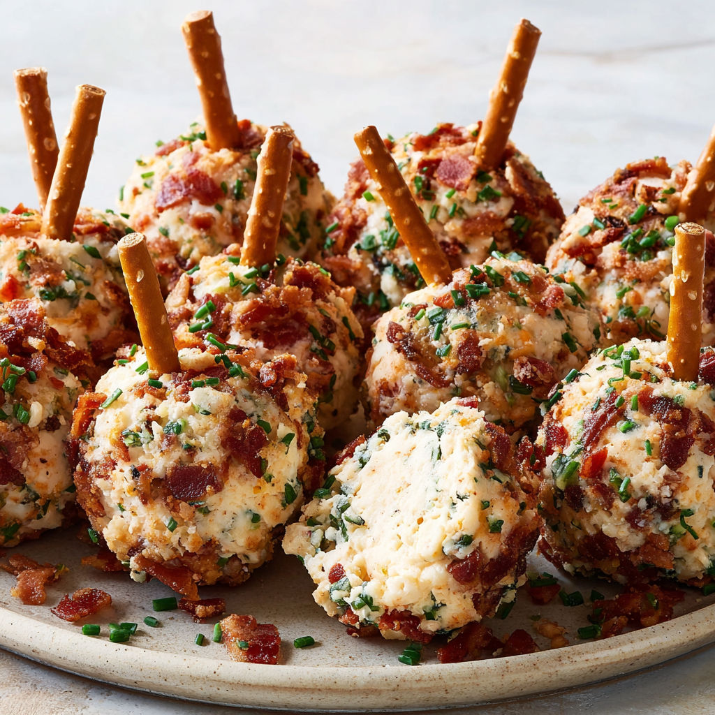 A plate of cheese ball bites with toothpicks in them.
