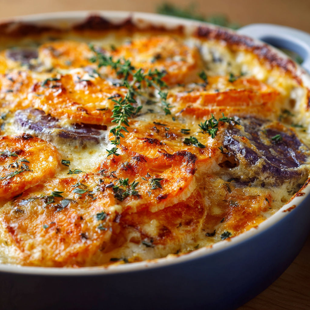 A delicious Sweet Potato Gratin is ready to be served.