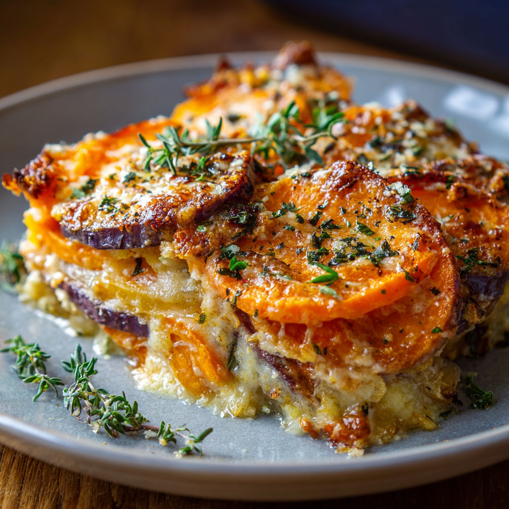 A dish with a variety of vegetables, including carrots and potatoes, is served on a plate. The dish is described as a "carrot and potato casserole.