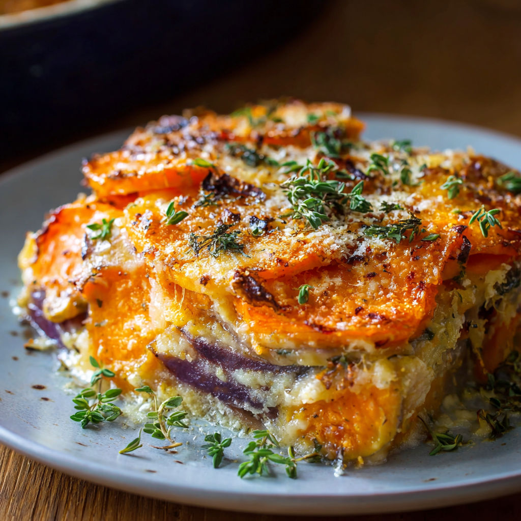 A delicious vegetable dish is served on a plate, featuring a variety of ingredients such as carrots, potatoes, and herbs. The dish is likely a hearty and flavorful casserole, perfect for a comforting meal.