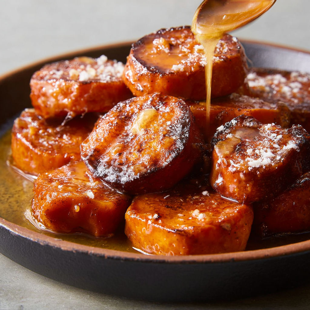 A plate of sweet potatoes with a spoonful of butter and sugar on top.