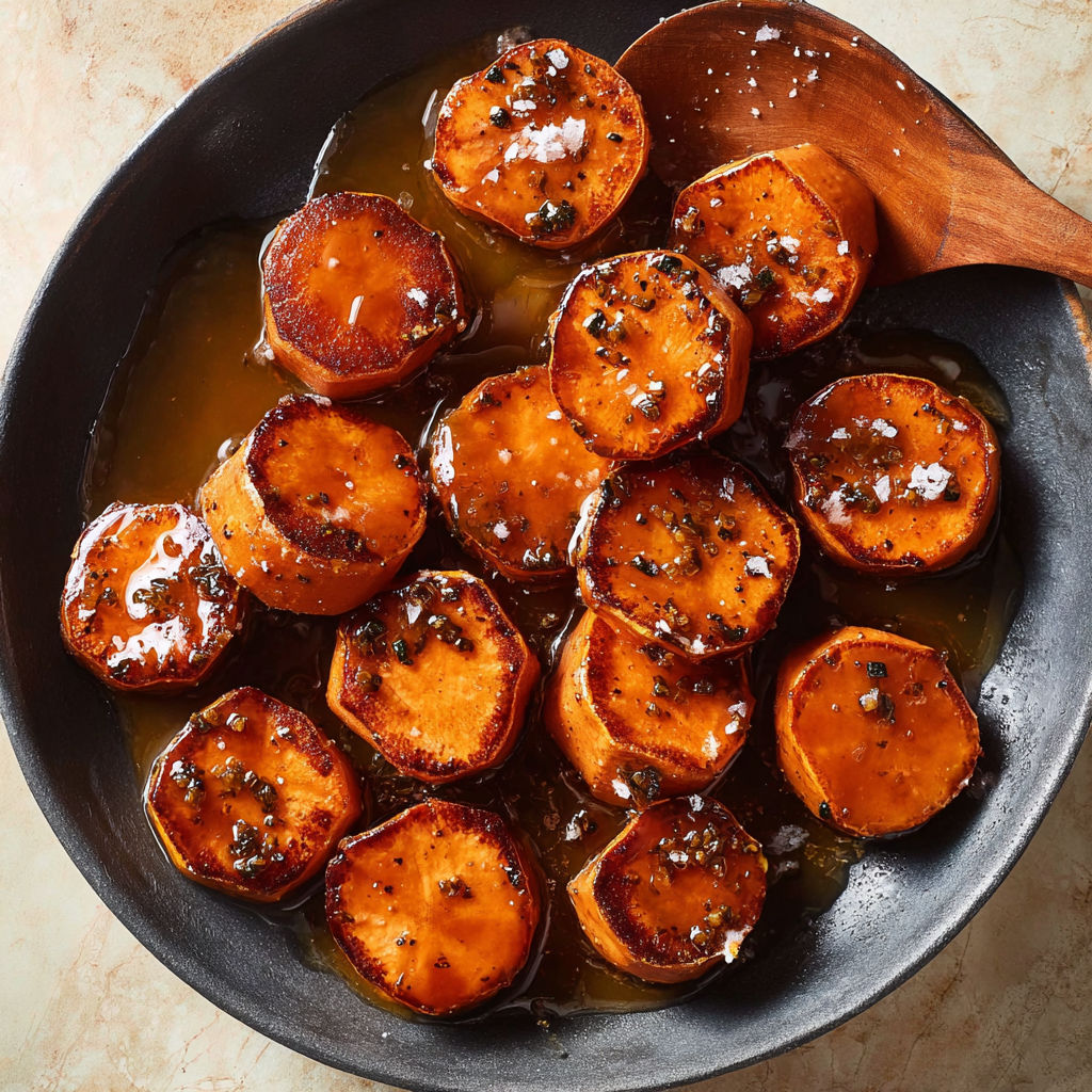 A black bowl filled with roasted sweet potatoes and seasonings.