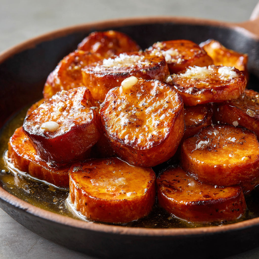 A bowl of roasted sweet potatoes with a sprinkle of salt on top.