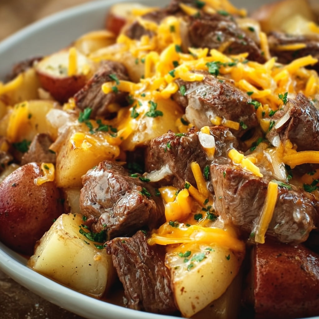 A delicious meal of steak and potatoes in a white bowl.