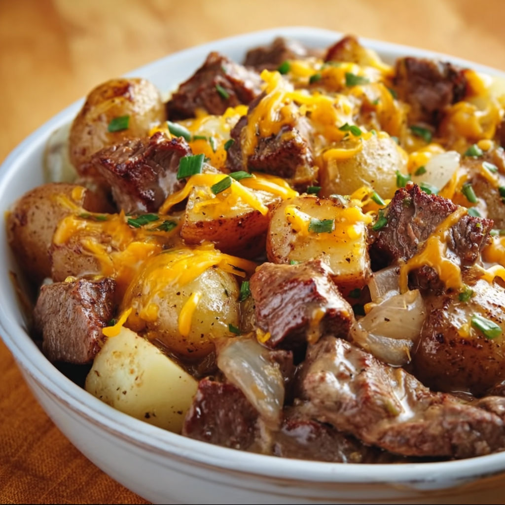 A delicious meal of steak and potatoes in a white bowl.