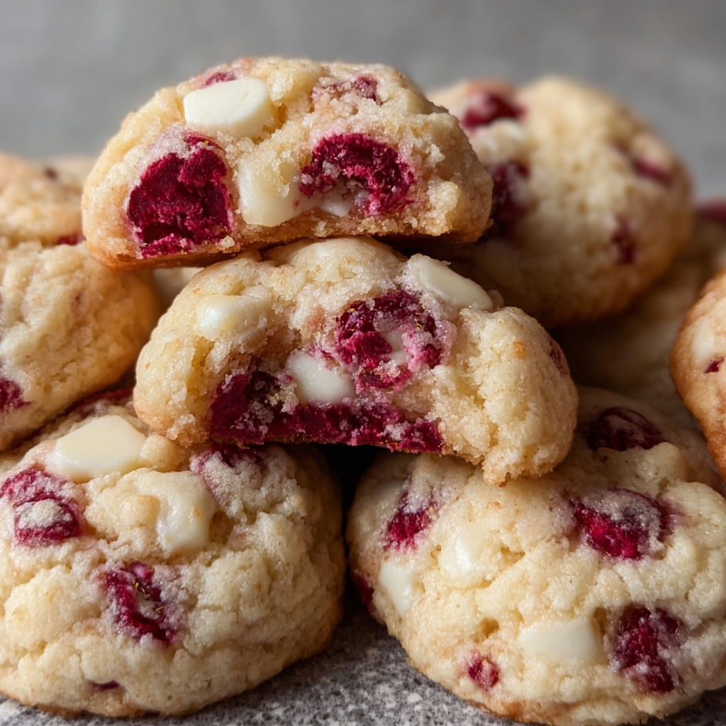 A stack of Raspberry Cheesecake Cookies with white frosting and red berries on top.