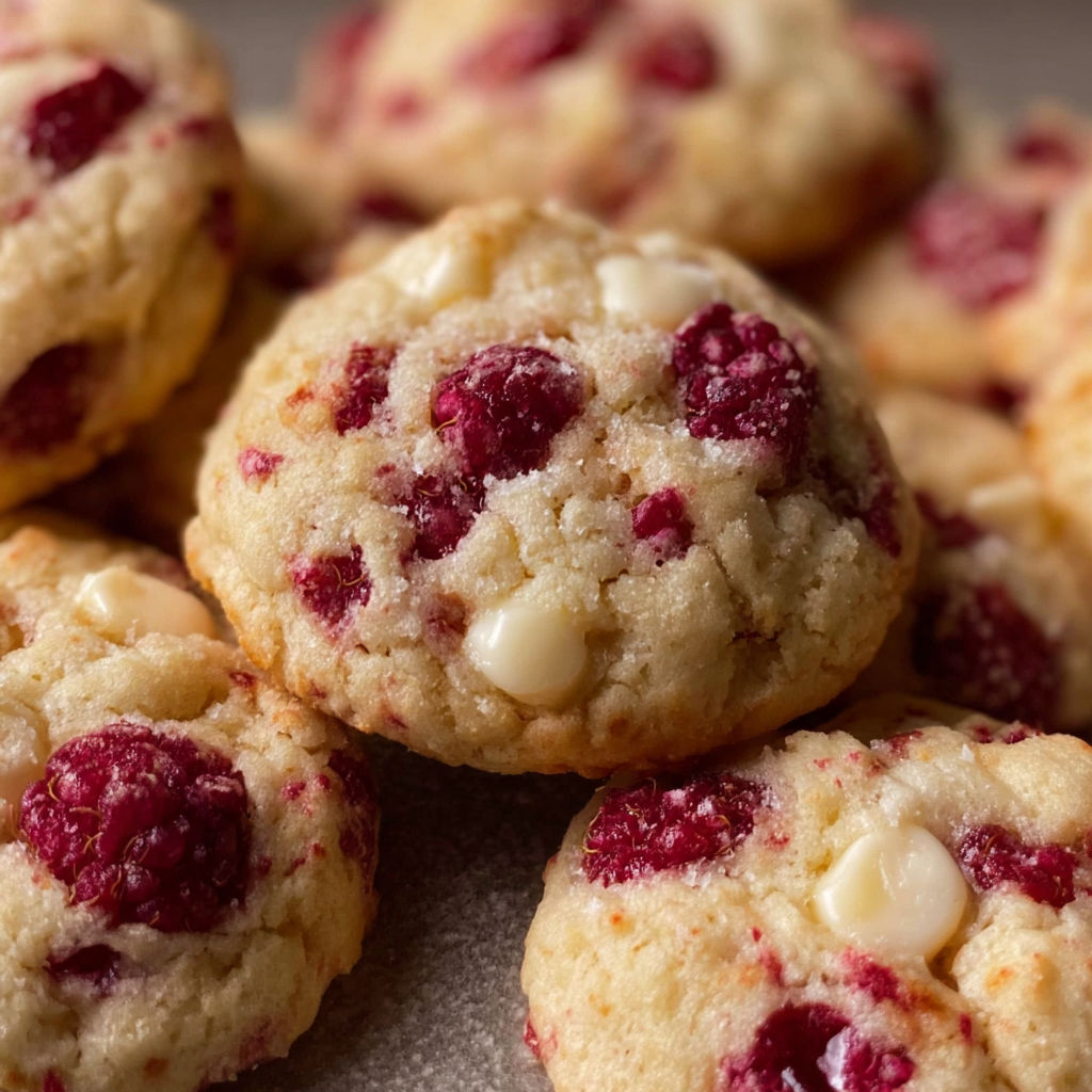 A close up of a red raspberry cookie with white chocolate chips.
