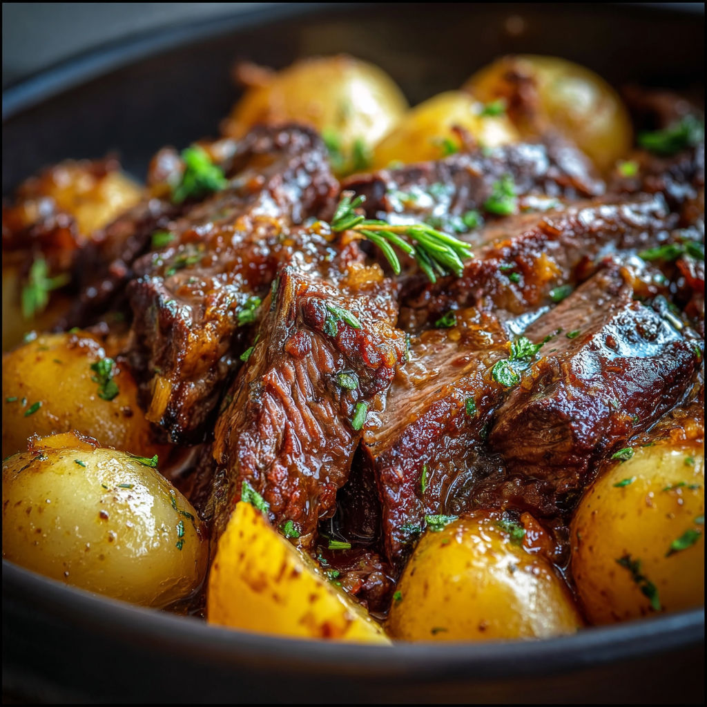 A delicious meal of steak and potatoes in a crockpot.