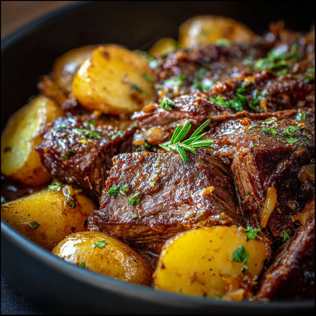 A delicious meal of steak and potatoes in a crockpot.