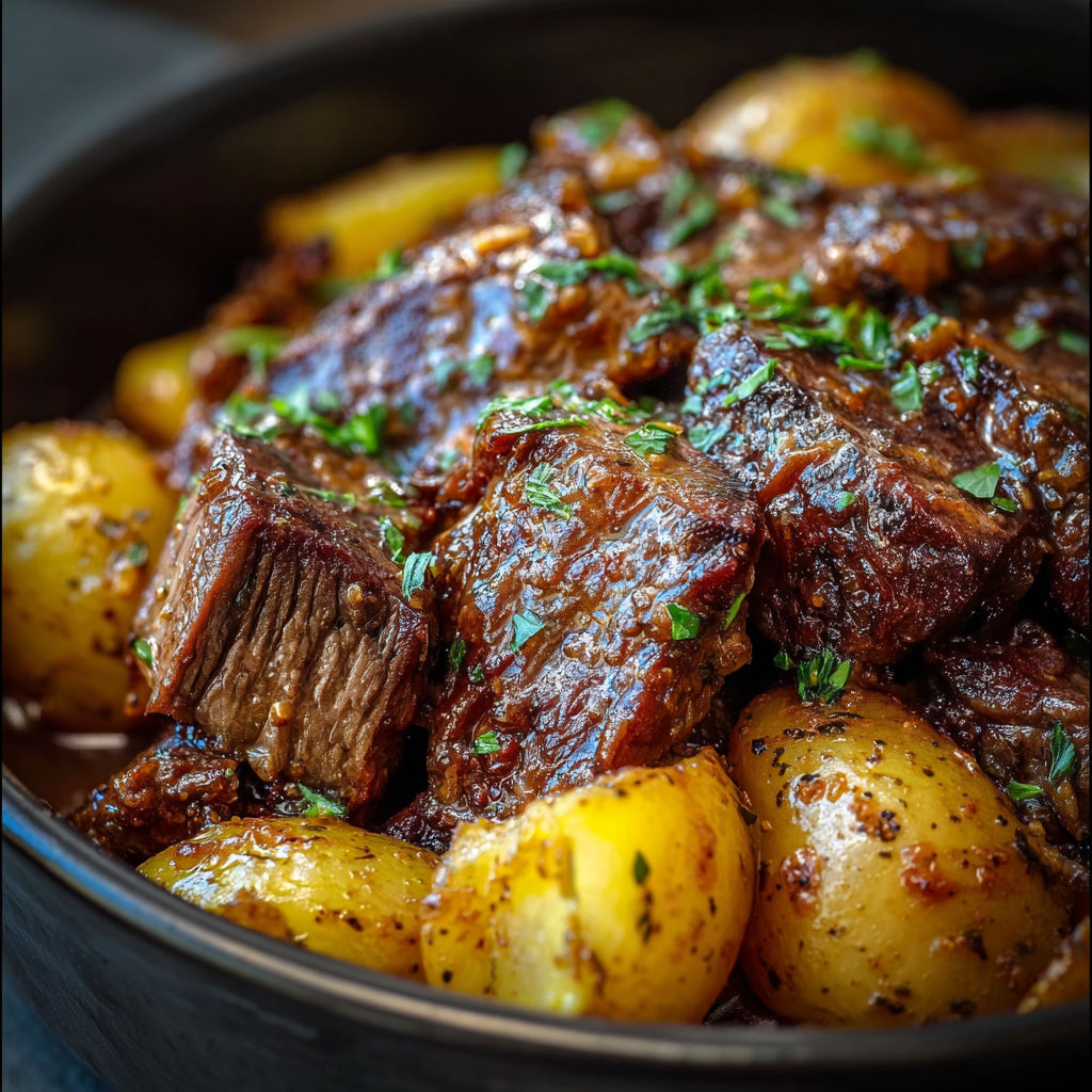 A delicious meal of steak and potatoes in a crockpot.