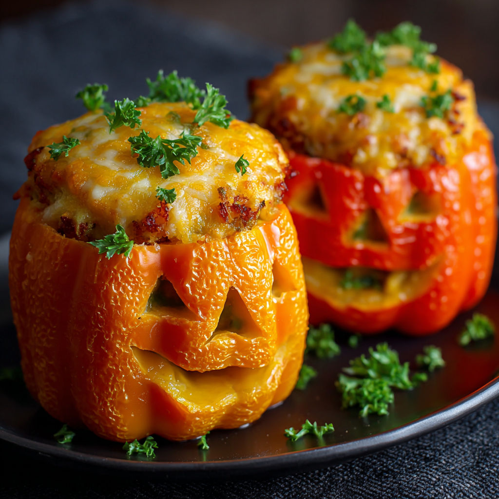 Two stuffed peppers with cheese and herbs, resembling a Jack O'Lantern.