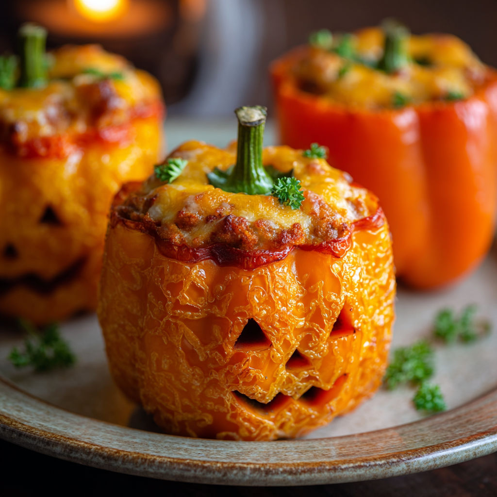 A plate of three peppers with cheese and a green topping, possibly pesto, arranged in a triangular shape.