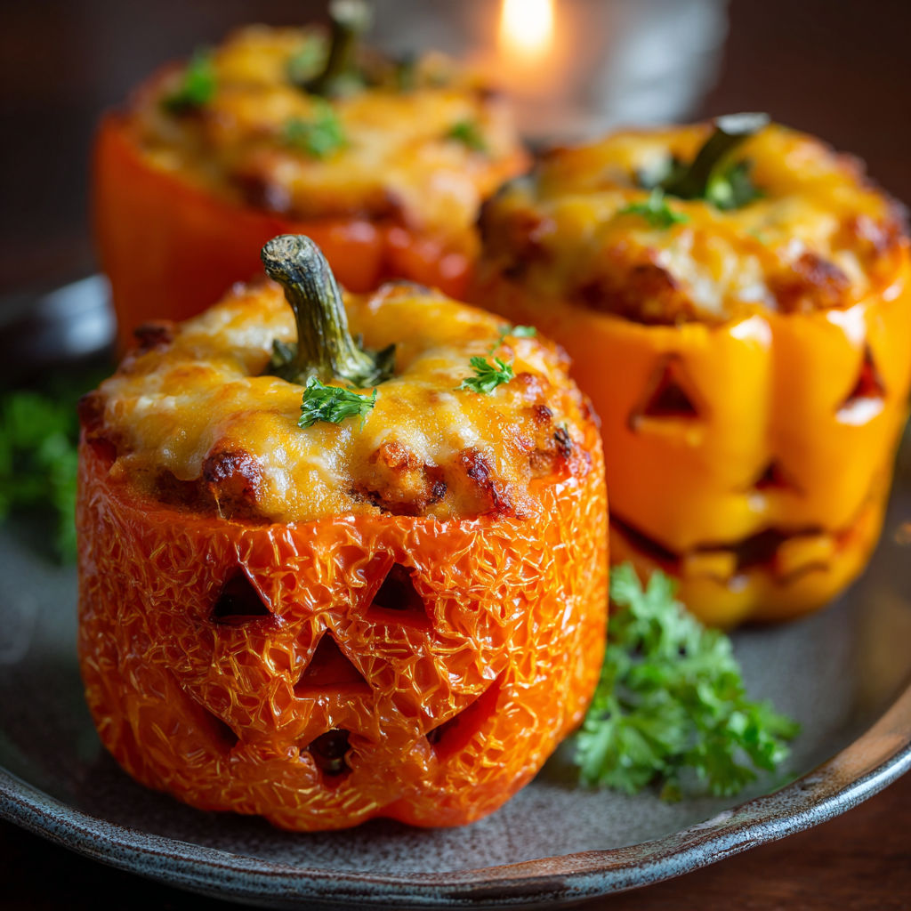 A plate of three cheese stuffed peppers with a pumpkin face on each.