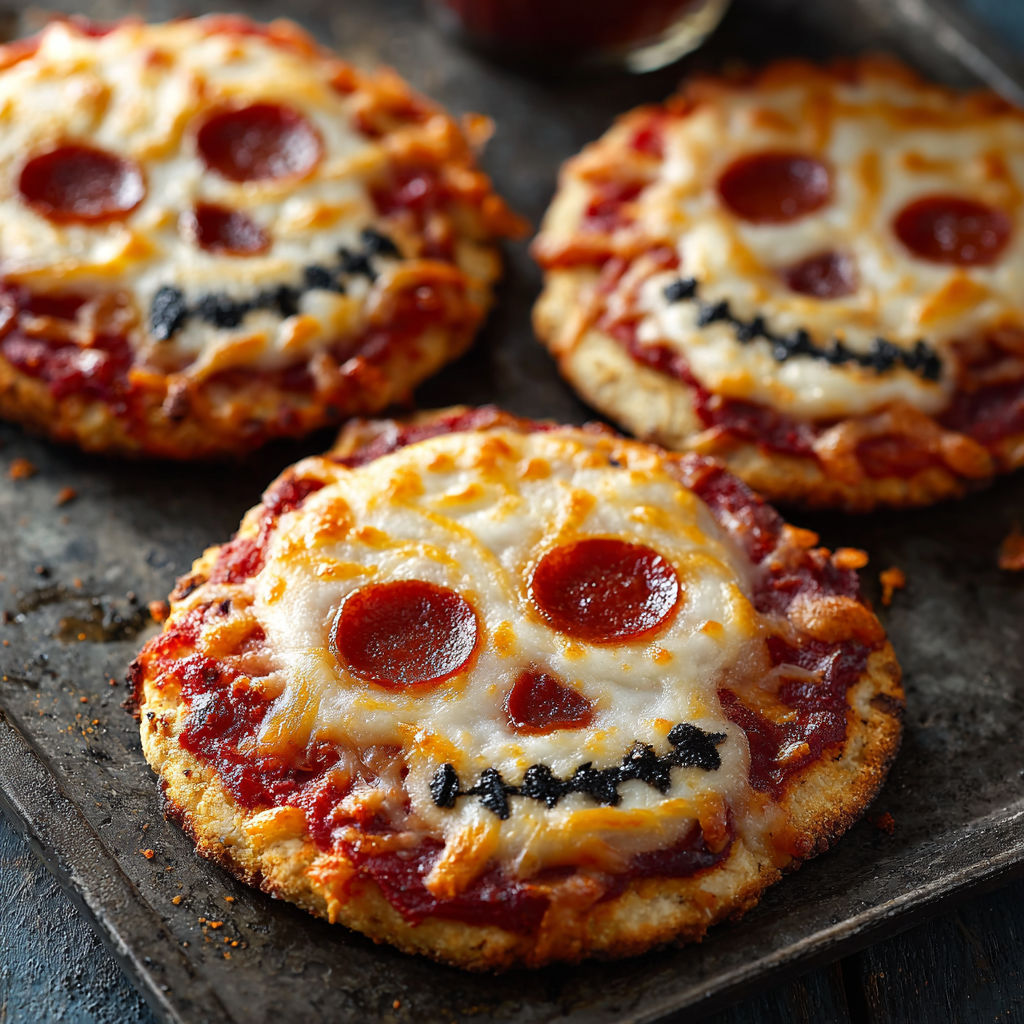 A close up of a pizza with a skull face on it.