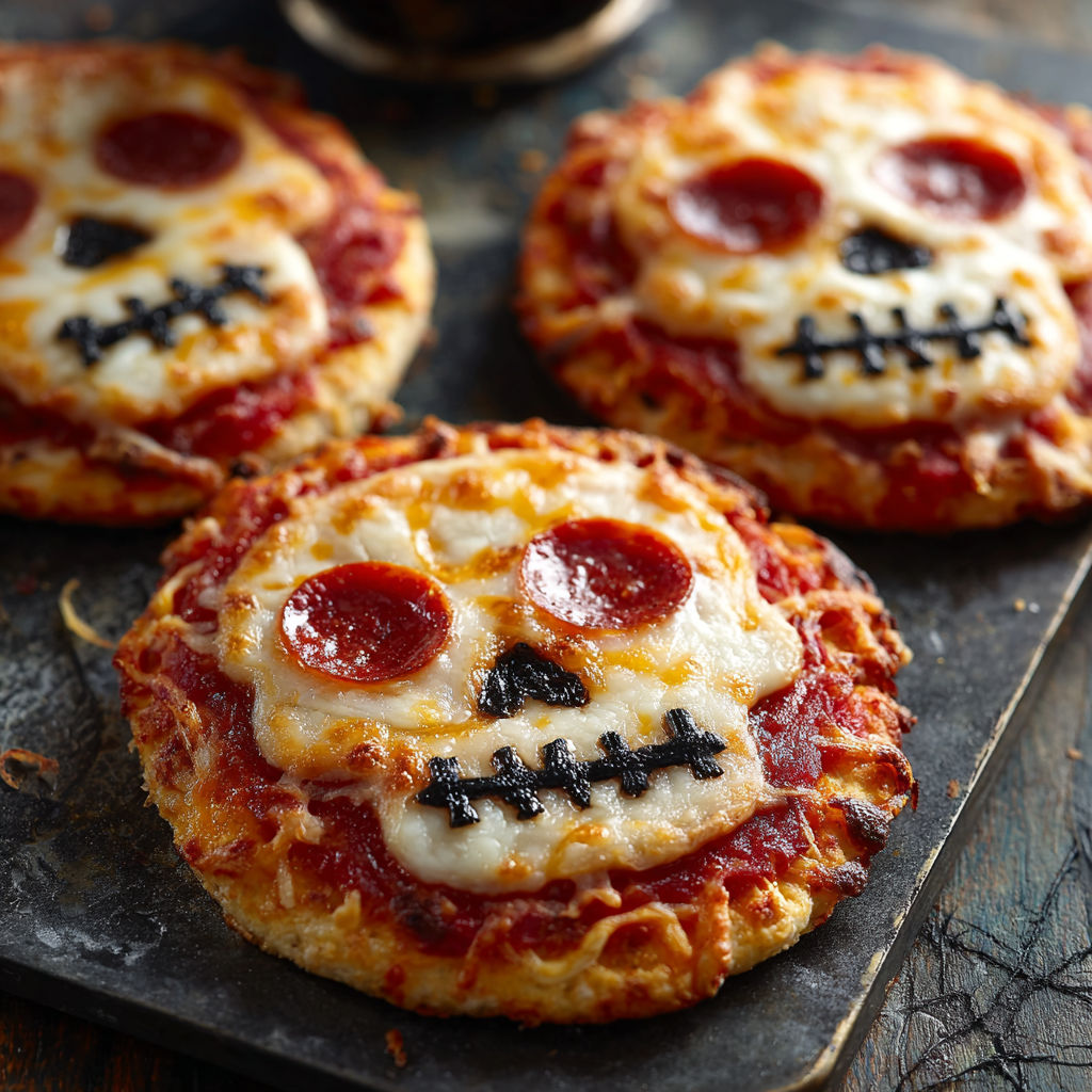 Two skull-shaped pizzas with pepperoni and cheese toppings.