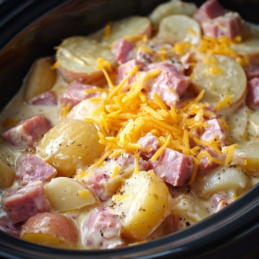 A close up of a delicious Creamy Crockpot Ham & Potatoes dish.