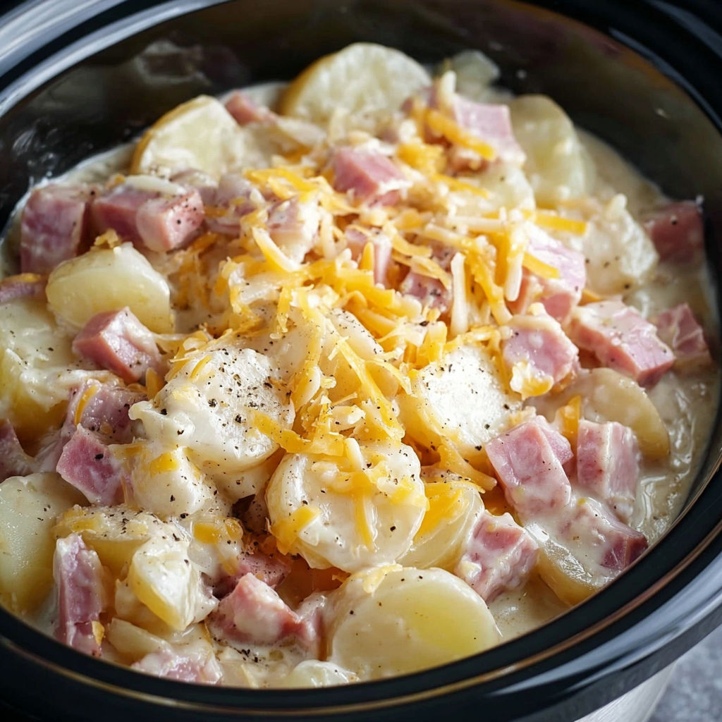 A bowl of ham and cheese soup with potatoes and cheese on top.