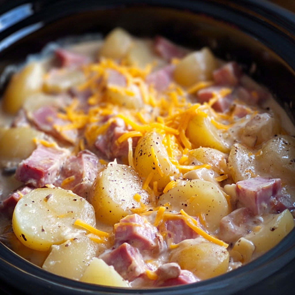 A close up of a potato and ham dish, with the potatoes covered in cheese.