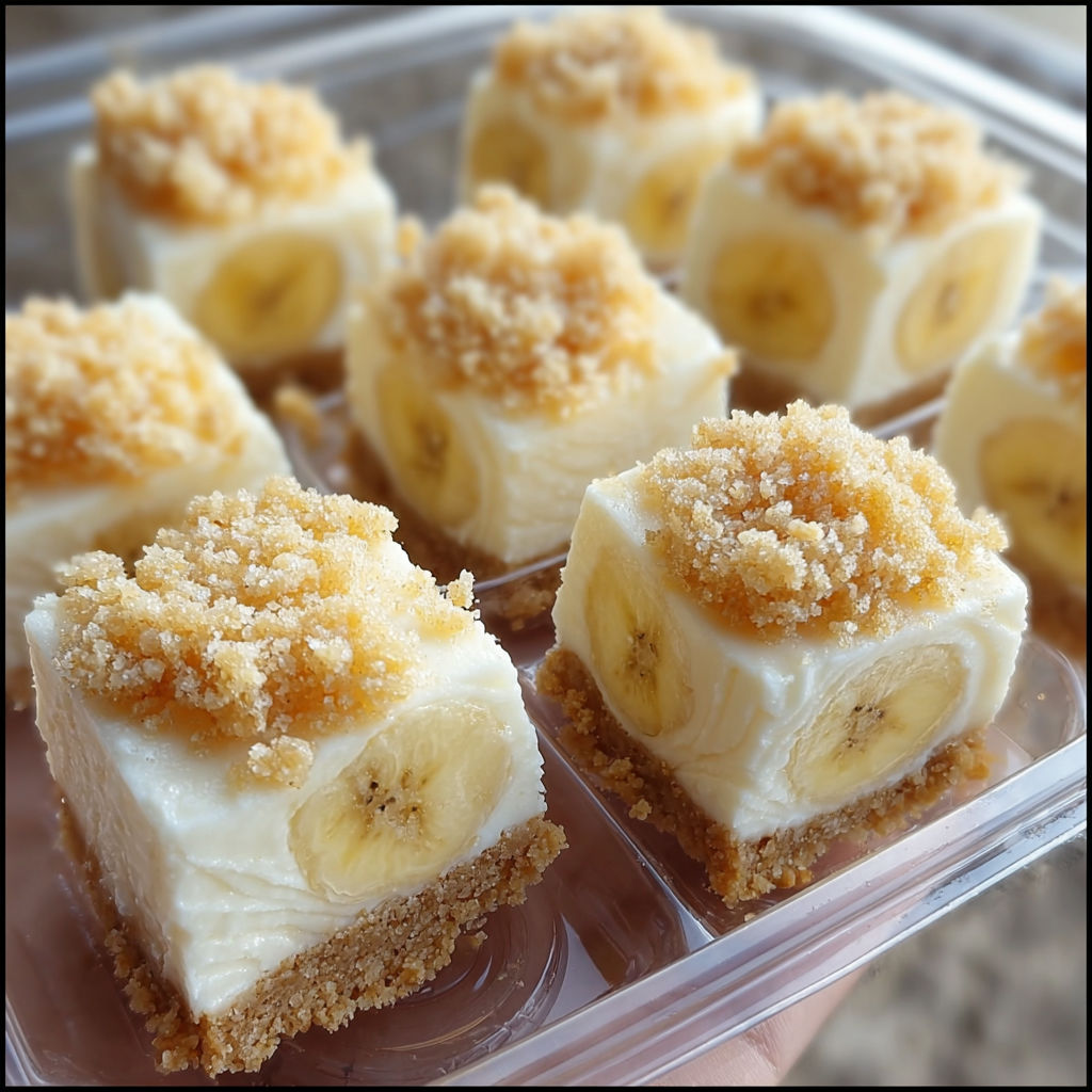A person is holding a container filled with banana cream pie slices.