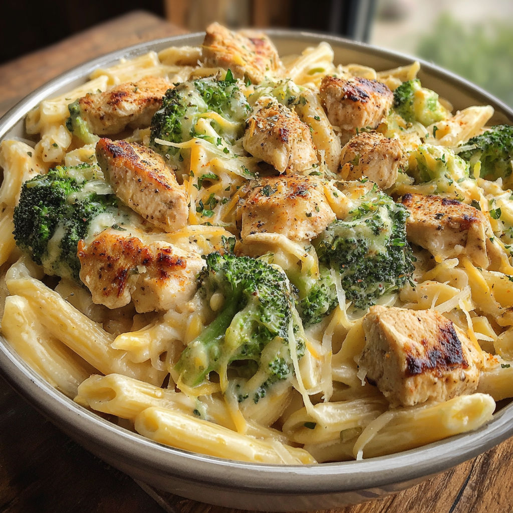 A delicious pasta dish with chicken, broccoli, and cheese.
