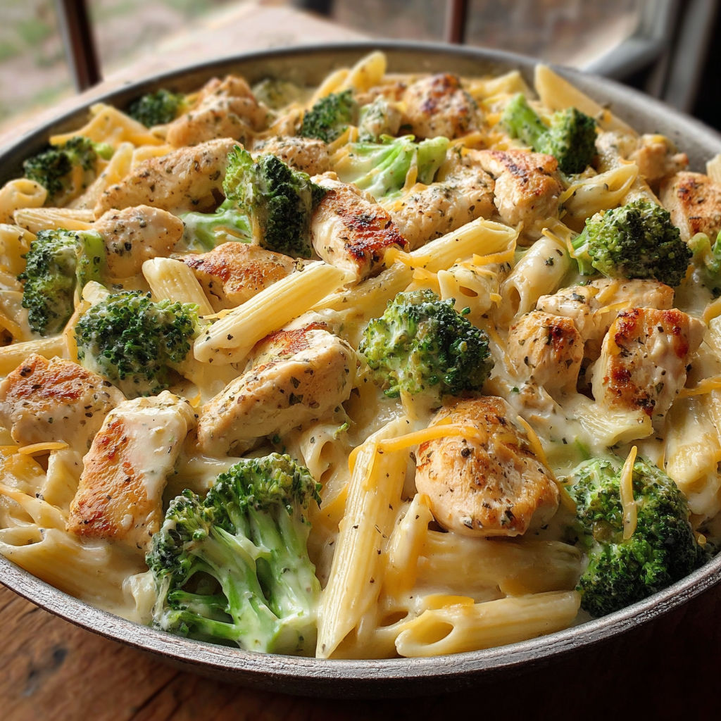 A delicious pasta dish with chicken, broccoli, and cheese, served in a silver bowl.
