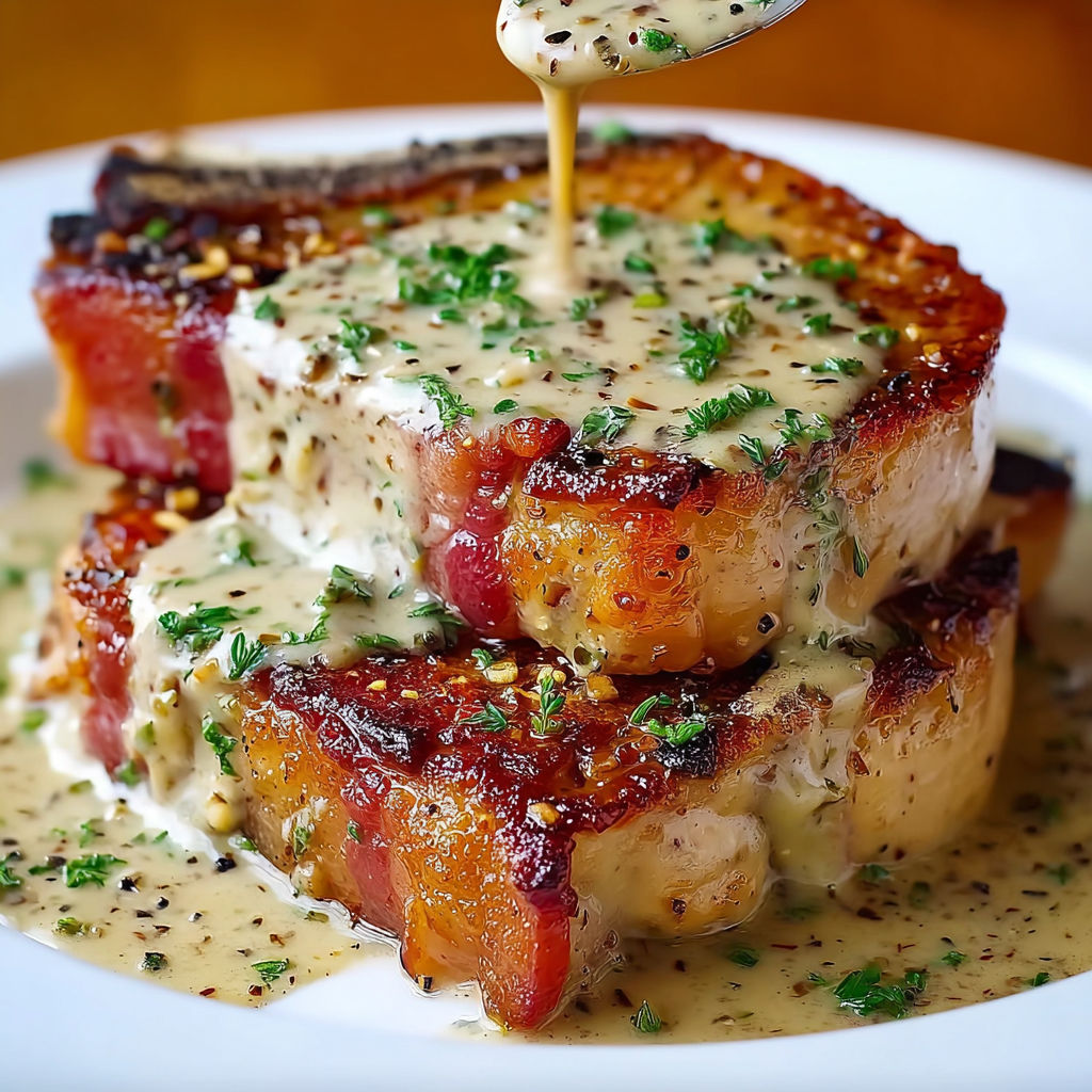 A delicious meal of Maple Bacon Pork Chops with Dijon Mustard Cream Sauce.