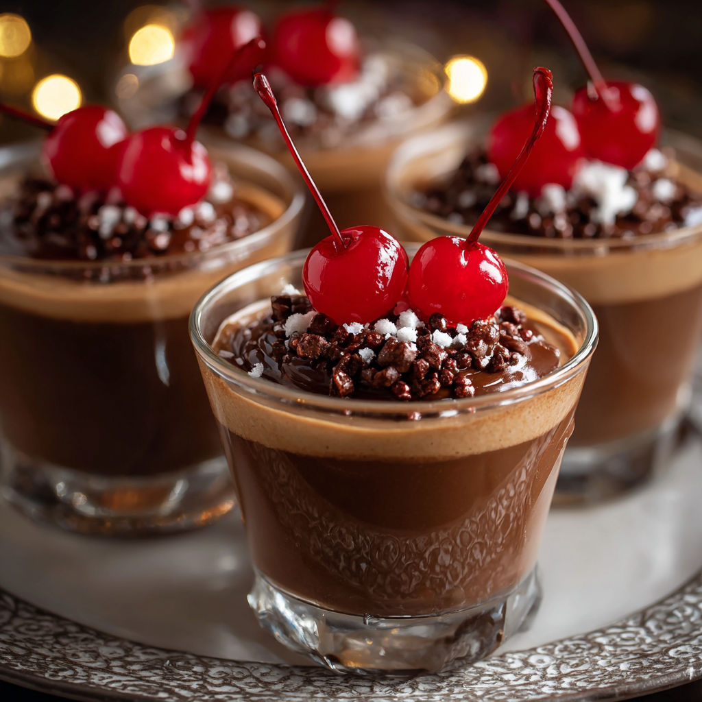A plate with three chocolate cherry cups on it.