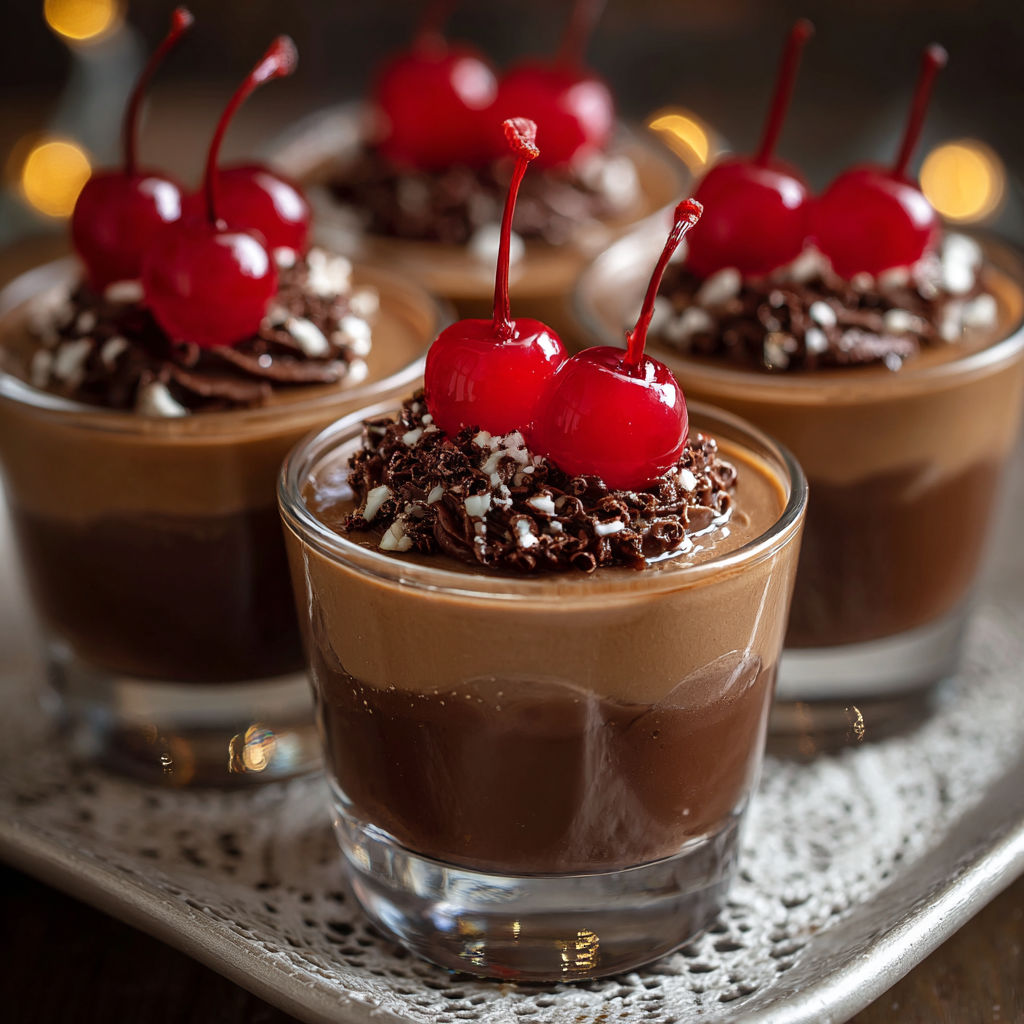 A close up of a chocolate dessert with cherries on top, served in a glass.