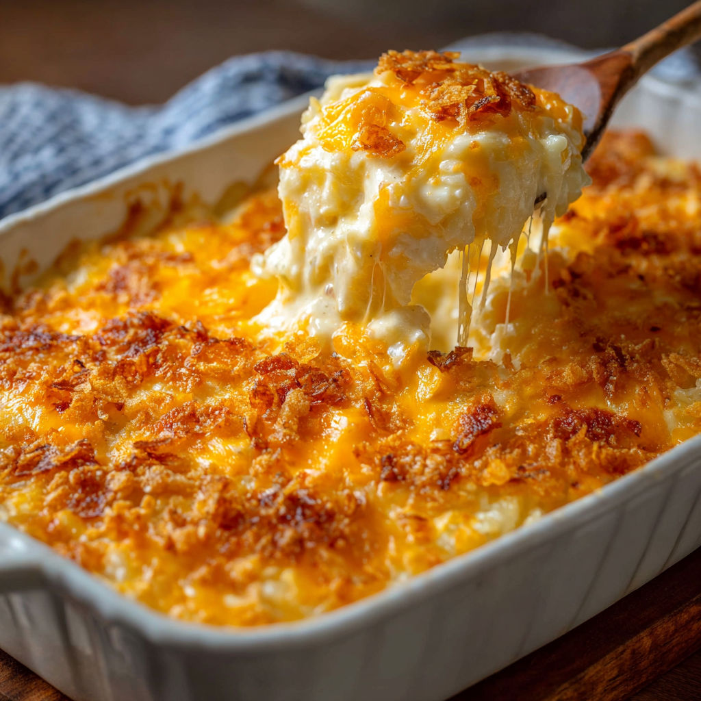 A delicious casserole with a wooden table underneath.